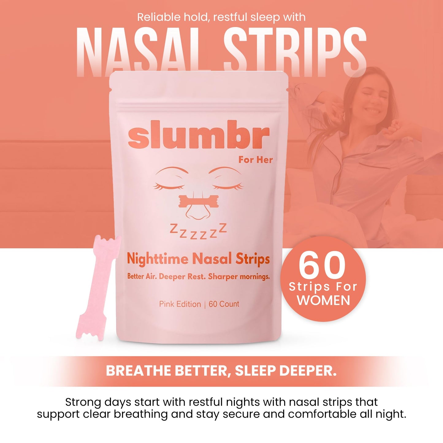 Slumbr Nasal Strips (60 Count) – Slim Fit Design for Smaller Noses – Extra-Strength Grid Adhesive – Nighttime Comfort, Clear Breathing & Consistent Sleep Routines (for Her – Pink)