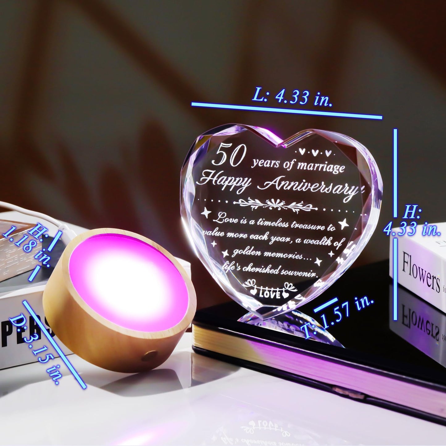 YWHL 50th Wedding Anniversary Crystal Gifts for Parents, Romantic 50 Year Wedding Anniversary Heart Keepsake Gifts for Couple, 50 Years of Marriage Gift for Wife Husband