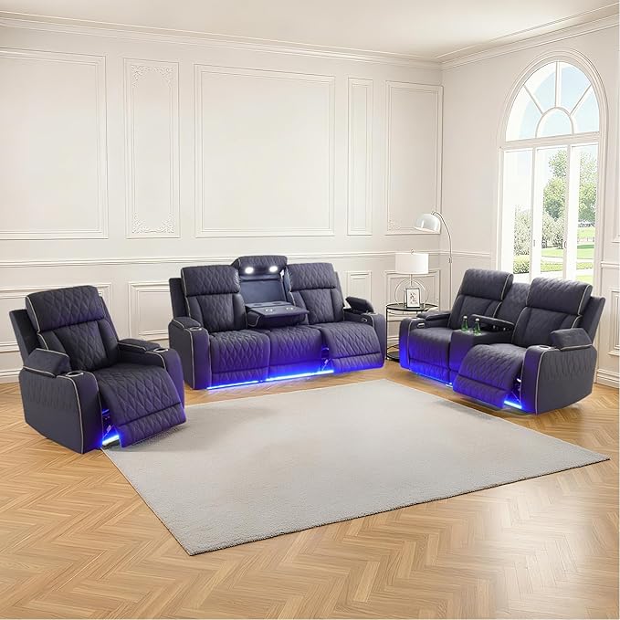 Caberryne Power Recliner Sofa Set with LED Lights,Suede Leather Reclining Couch with Coffee Table/Storage Console/Cup Holder,Reclining Living Room Set with 5 Recliner Seats for House(3 Piece Set,Navy)
