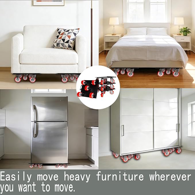 Furniture-Movers-with-Wheels-Dollies,Furniture-Dolly 360°Rotatable and Lockable,Furniture Sliders with 5 Wheels Rubber Silent Furniture Lifter Tool Set,3300 lbs Load Capacity,6.3×6.3IN Red