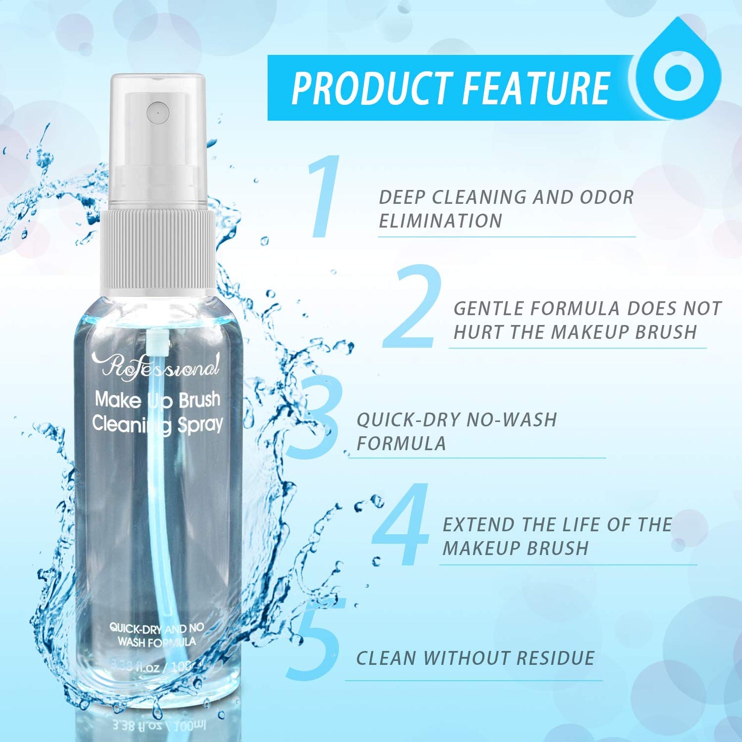 Makeup Brush Cleaner for Cosmetic Brushes, No-washing Quick Drying Deep Cleaning Spray Ideal for Makeup Brushes Sponges for Women Girls 3.38 oz