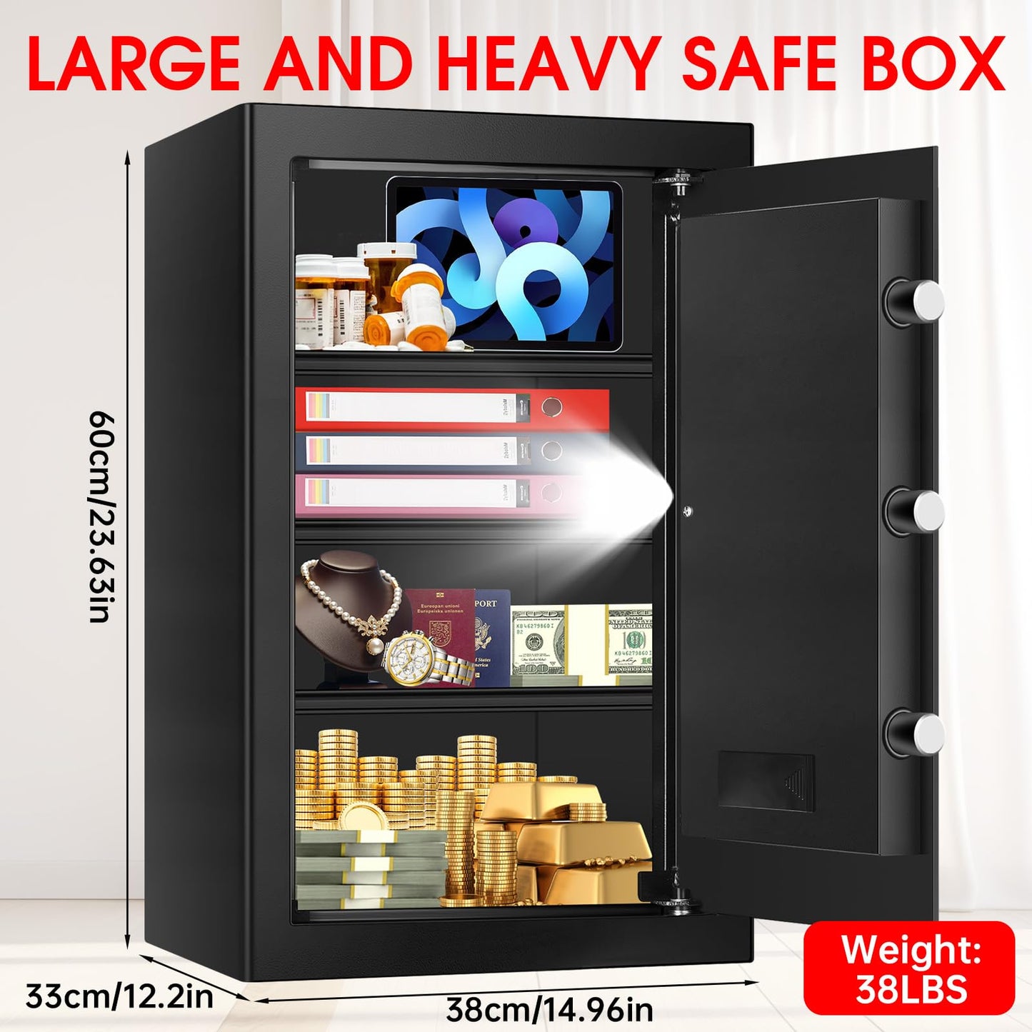 5.1 Cuft Large Home Safes Water and Fireproof with Digital Keypad & Key Lock, Fire Security Safes with 3 Removable Shelves, Anti-Pry Safe Box for Money Documents Jewelry, 23.62"H x14.96"W x 12.2"D