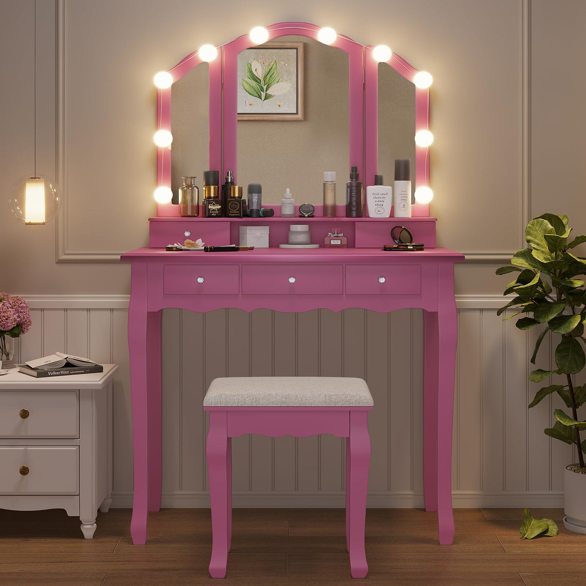 Tiptiper Pink Vanity with Tri-Fold Mirror, 10 Hollywood Lights & Stool, Girls Makeup Vanity Table with 5 Drawers & Jewelry Hooks, 3 Light Settings & Adjustable Brightness, Pink