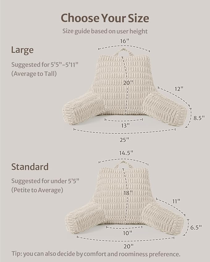 Blissful Diary Reading Pillow, Backrest Pillow with Shredded Memory Foam for Adult & Children, Designed for Bed and Couch Sitting Up, Includes Arms, Pockets and Washable Cover, Off White