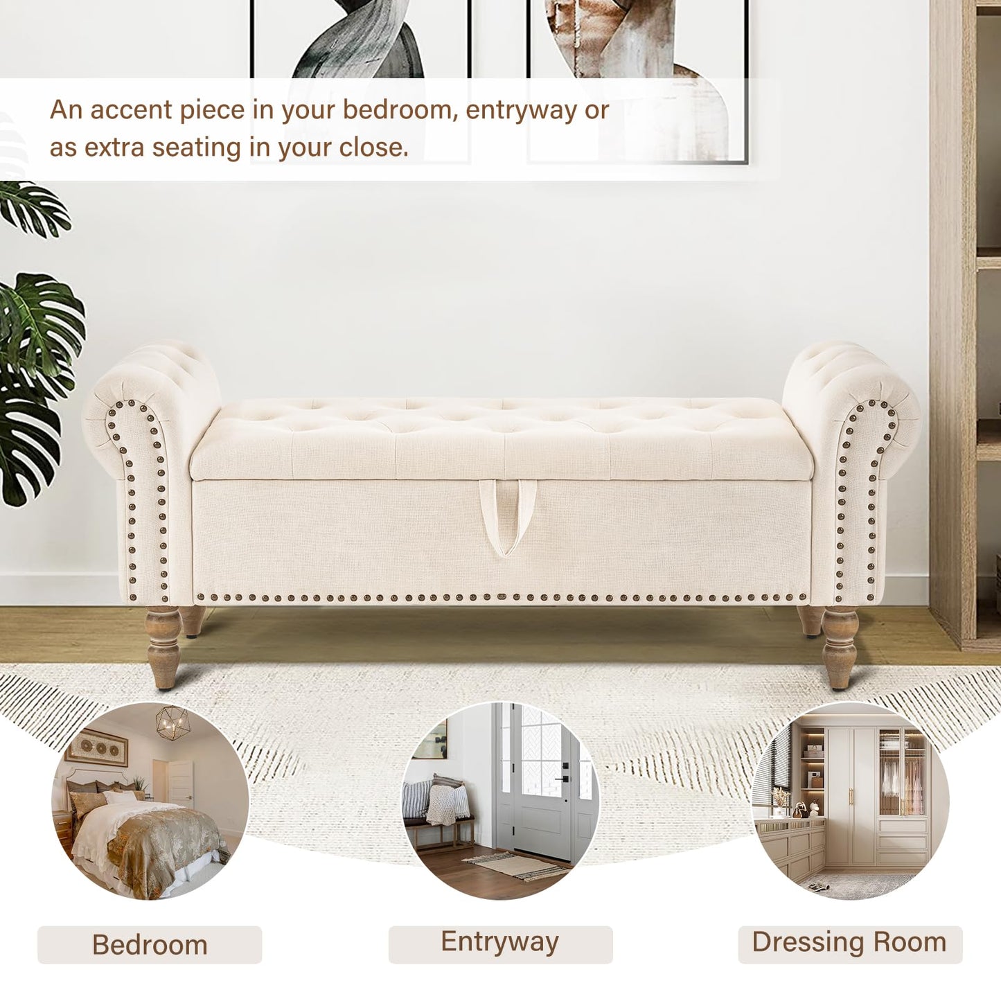 Furnimart Storage Bedroom Bench for End of Bed, Faux Linen Upholstered Storage Ottoman with Rolled Arms for Bedroom,Living Room, Entryway, 2.5Cubic Feet
