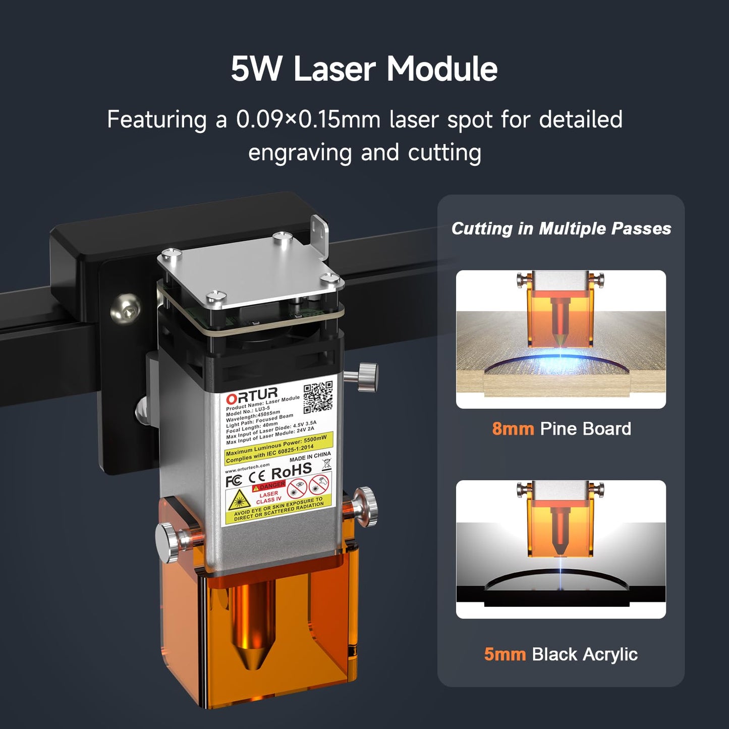Ortur Laser Master 3 LE 5,000mW Laser Engraving Machine, 0.09×0.15mm Spot Laser Cutter and Engraver for Wood Leather Acrylic, Support APP Control, Engraving Area 15.7''x15.7'', Class 4