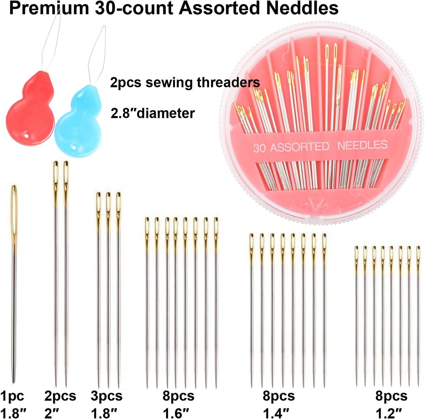 Eketirry 60pcs Premium Hand Sewing Needles, 2 Pack 30-Count Assorted Needles for Sewing Repair, 6 Different Sizes Sewing Needles with 2 Threaders (Pink& Blue,1)