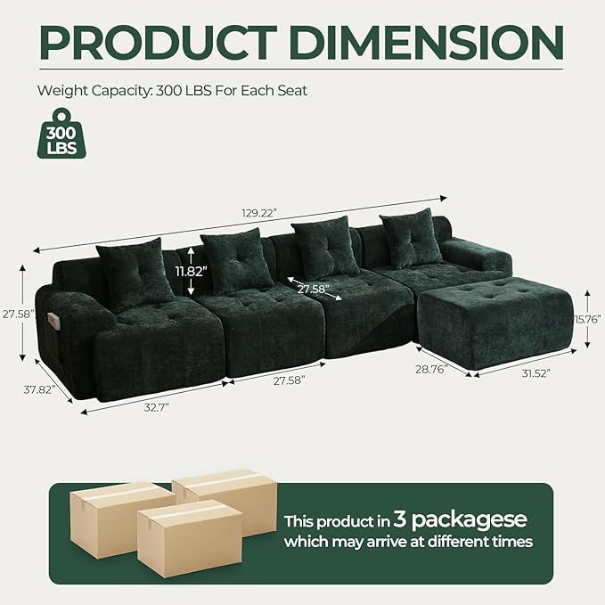 YAAREE 129.23”Modular Sectional Couch for Living Room, Modren L-Shape Cloud Sectional 4-Seater Sofa with Movable Ottoman, Woven Texture Upholstery Boneless Couch, No Assembly, Green