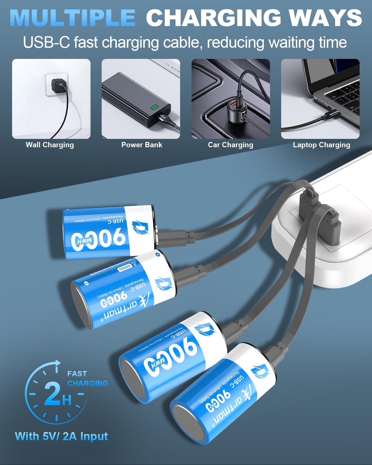 Artman Rechargeable Lithium D Batteries 4 Pack, 9000mWh Rechargeable Lithium-ion D Cell Battery with 2 in 1 USB-C Charging Cable, 1.5V Batteries D Size for Floodlight Toys, Water Heater, Gas Stove