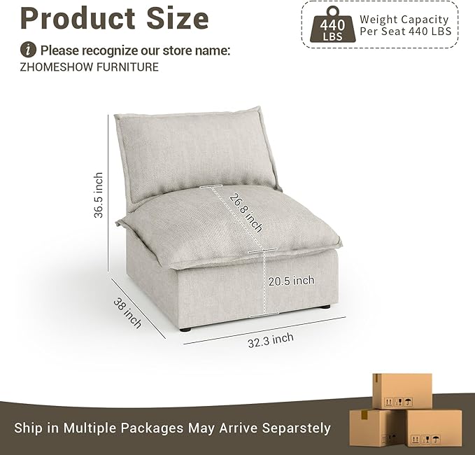 Lopzeho Middle Seat for Cloud Modular Sectional Sofa, Comfy Down Filled Cloud Couch with Removable Cover, Modular Sectional Couches for Living Room, Light Gray