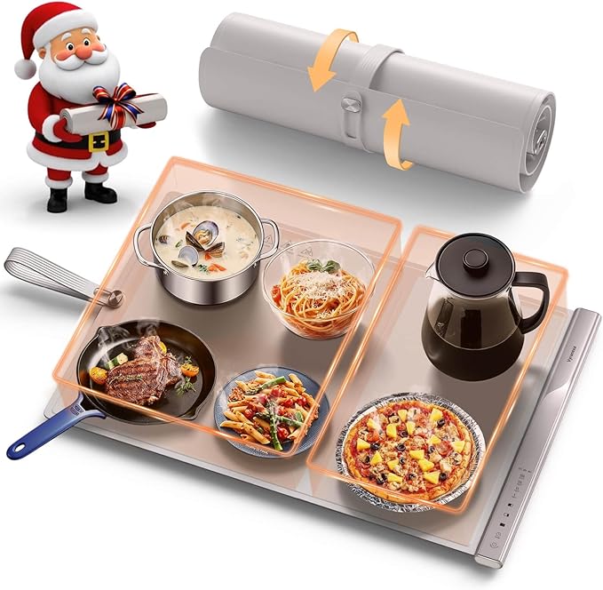 Food Warming Mat for Food - Dual Independent Heating Zones, 4 Temp Settings, Easy-to-Clean Silicone, Auto Shut-Off, Timer, and Child Lock, Portable for Buffet, Home Party, and Travel (Beige, Large)