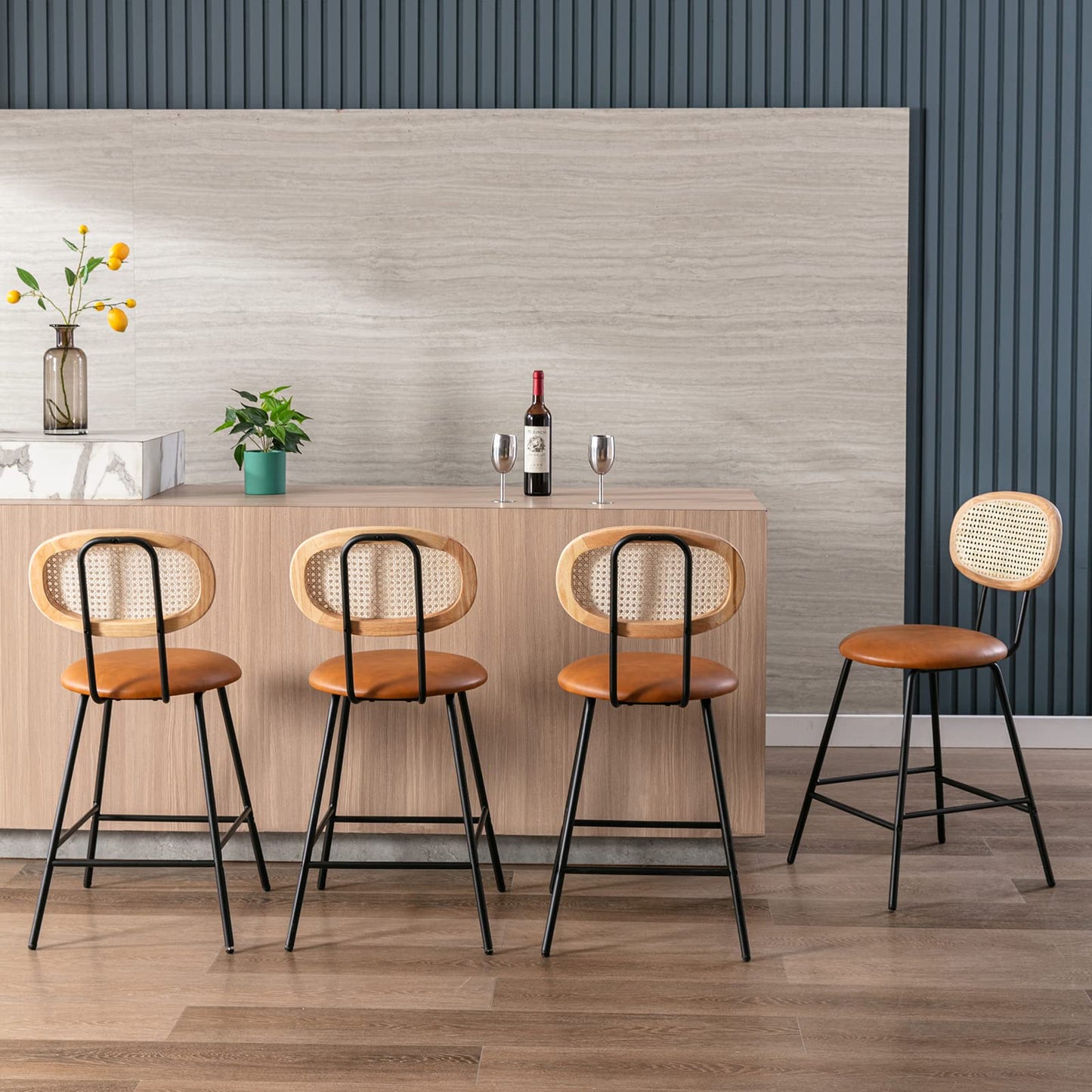 Counter Stools Set of 4, Bar Stools, Indoor Metal Counter Height Barstools for Home, Faux Leather Counter Stool with Rattan Backrest