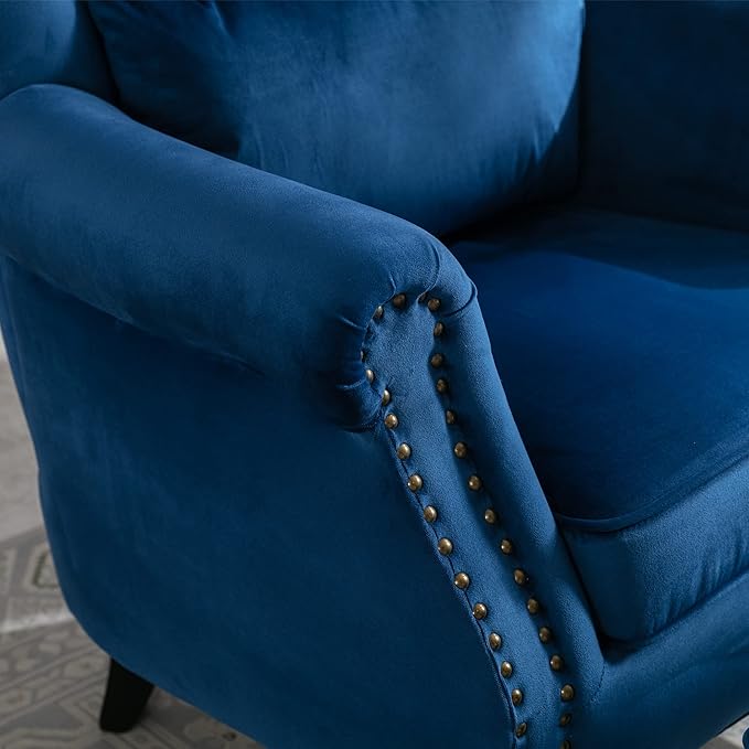 chairus Mid-Century Modern Accent Chair with Ottoman, Comfy Velvet Single Sofa Chair Button Tufted Wingback Armchair with Pillow for Living Room/Bedroom/Club - Blue