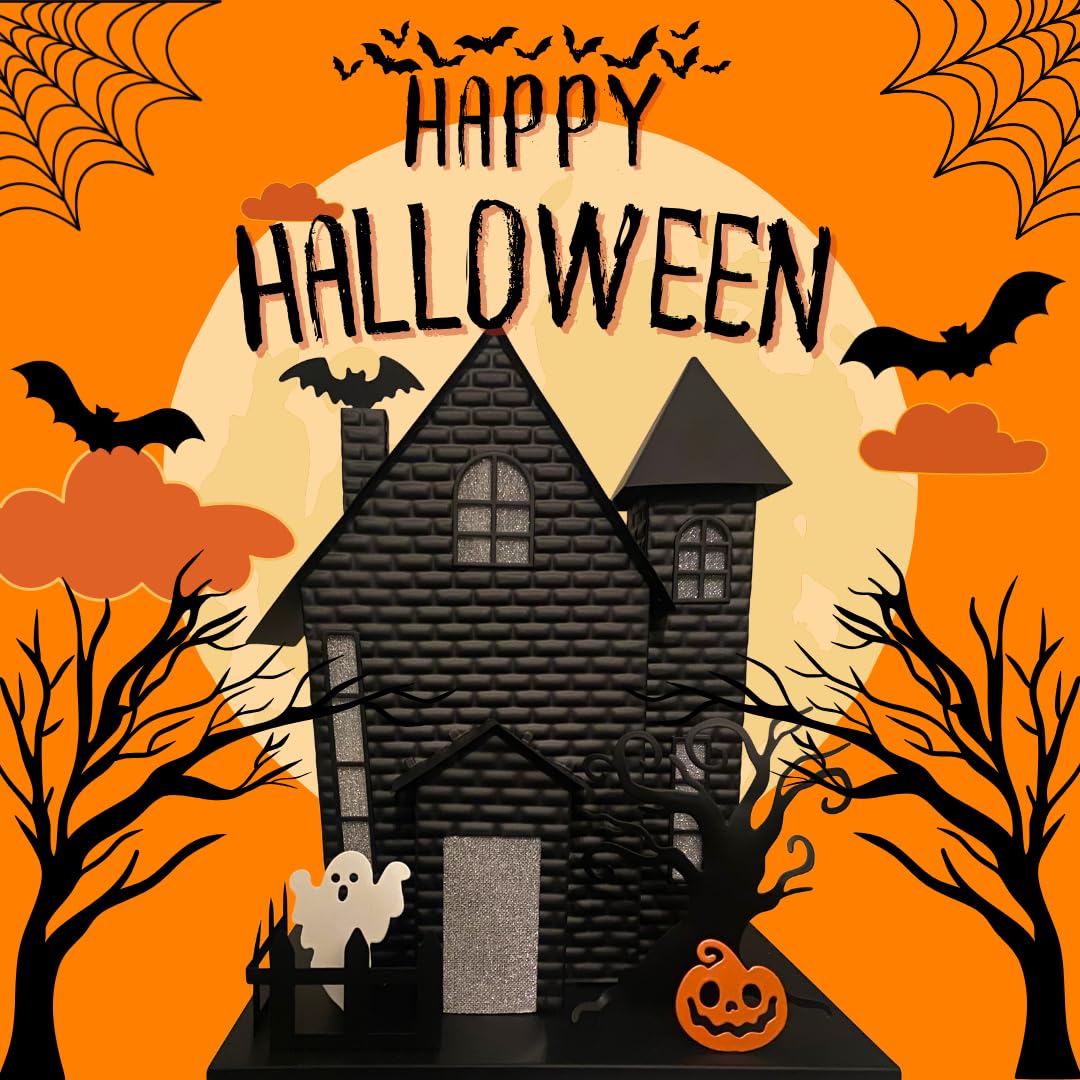 Haute Decor Halloween Haunted House with Bat Projection - Unique Lighted Black Metal Haunted House for Tabletop Halloween Decoration