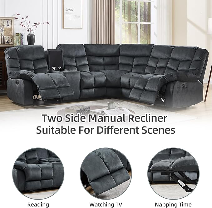 EBELLO Manual Reclining Sectional Sofa Set for Living Room, Soft Fabric Recliner Corner Sectional Couch with Center Console, Cup Holder and Storage, Grey