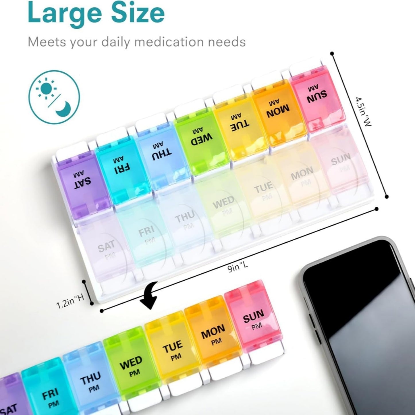Sukuos AM PM Weekly Pill Organizer 2 Times A Day 2pcs, 7 Day Pill Box with Easy Push Button, BPA Free Medicine Case Vitamin Holder for Fish Oil/Supplements (Rainbow)