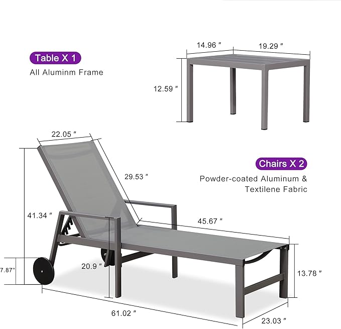 PURPLE LEAF Outdoor Chaise Lounge Set for 2 Aluminum Patio Chaise Lounger Chairs with Armrest and Wheels Adjustable Pool Chaise Lounge Chair for Beach Yard Poolside Table Included, Light Grey