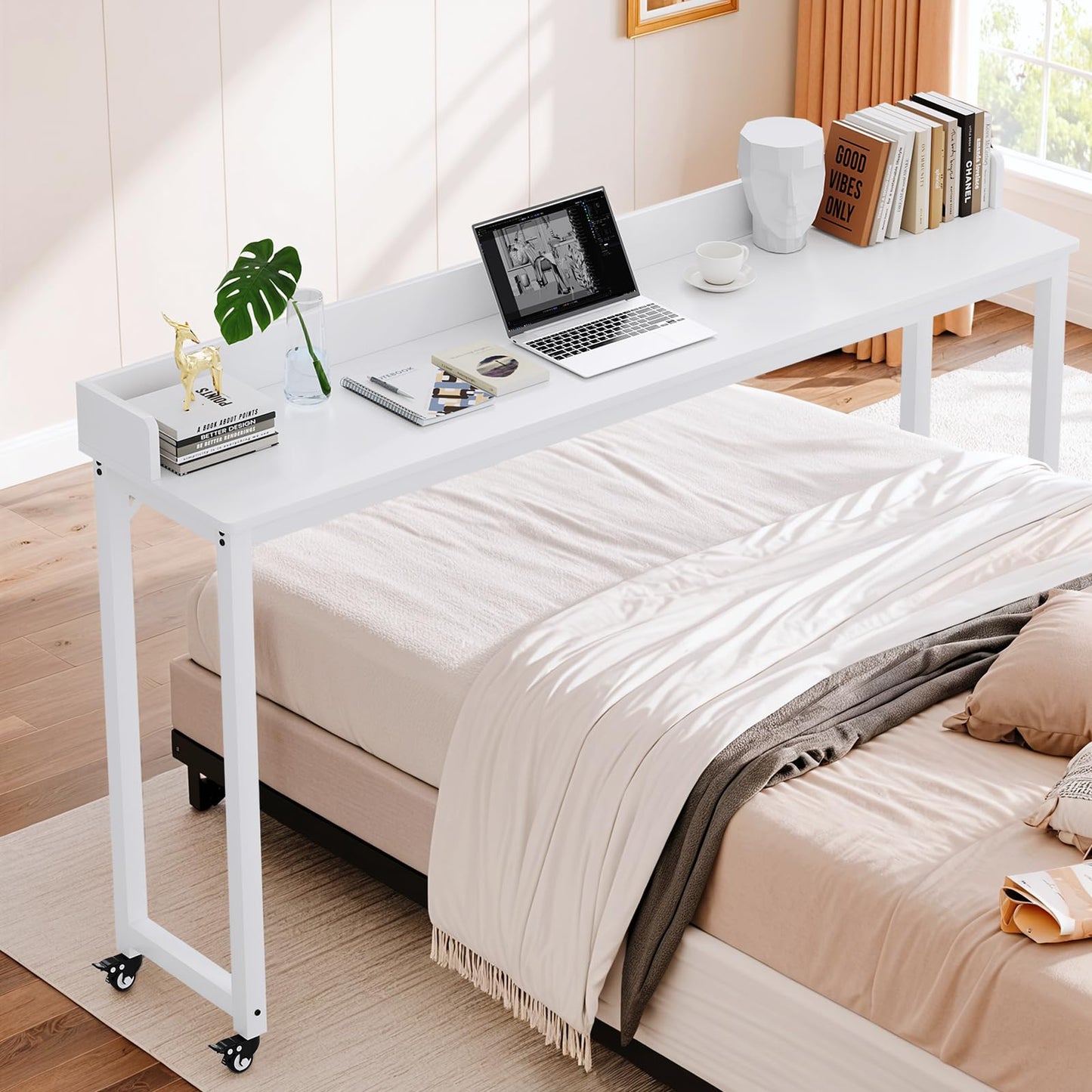 Arlopu Overbed Table with 360° Wheels, Queen Size Mobile Bed Desk with Heavy Duty Metal Leg, Sturdy Laptop Cart & Dining Table for Bedroom, Living Room, Hospital Use (White)