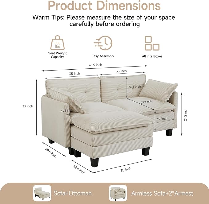 Amsleekey Modular Sectional Sofa, 76.5" L-Shaped Corduroy Comfy Sectional Couches for Living Room, 2-Seater Cloud Couches with 1 Movable Ottoman, Flexible Combination Modern Deep Seat Sofa (Beige)