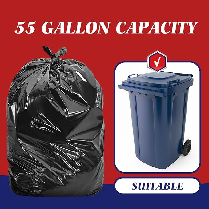 Teivio 55-60 Gallon Large Black Trash Bags 60 Counts Industrial Sturdy Garbage Bags, Extra Large Lawn and Leaf Bags Outdoor Commercial Trash Can Liner for Construction Sites, Workshops, Backyard