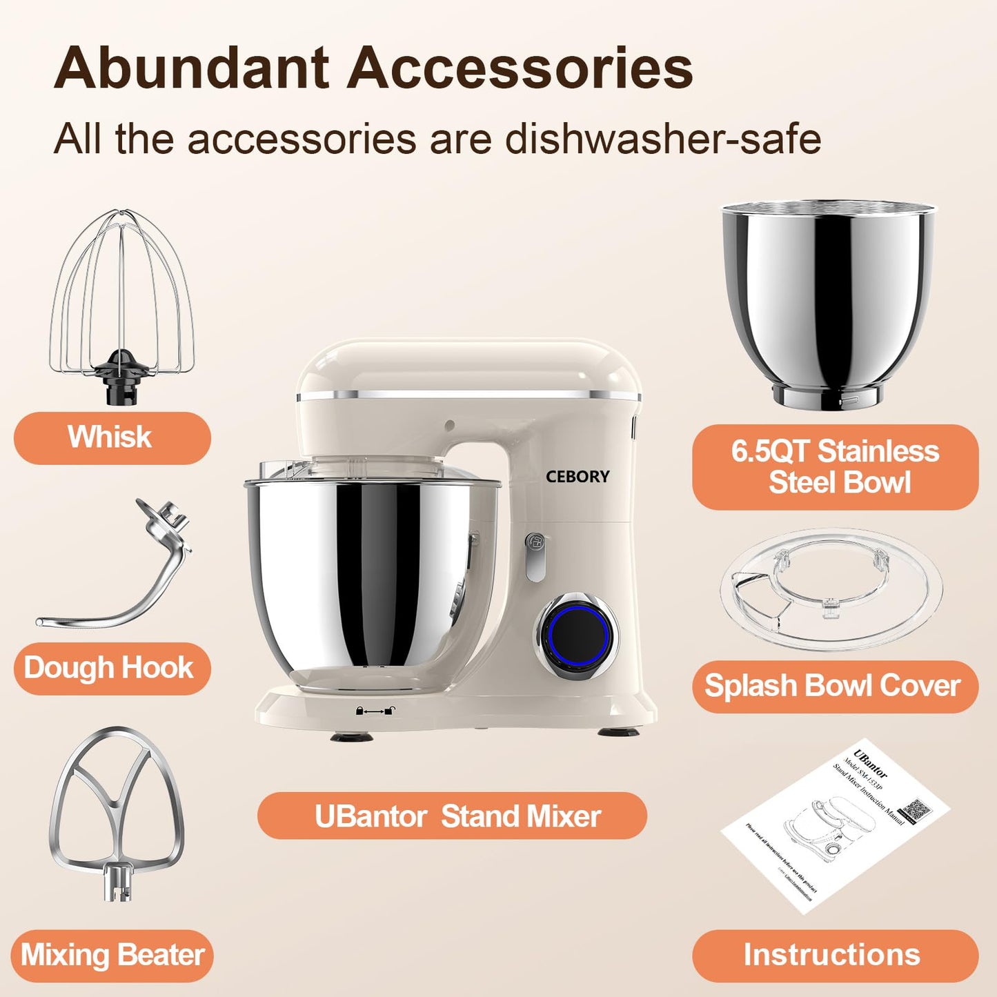 CEBORY 3-IN-1 Electric Stand Mixer, 6.5QT Bowl 660W 10-Speed Kitchen Mixer, Household Food Mixers include Dough Hook, Beater and Whisk, Bread Cake Mixer for Baking and Most Home Cooks, Almond Cream
