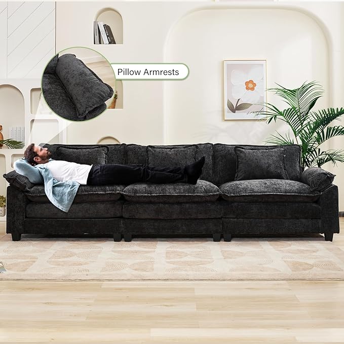 Oprisen 120" Modular Sectional Sofa, Comfy Cloud Couch Sectional Sofa, Chenille Sofa Sleeper Deep Seat Sofa with Throw Pillows for Living Room (Black, 120"- 3 Seater)