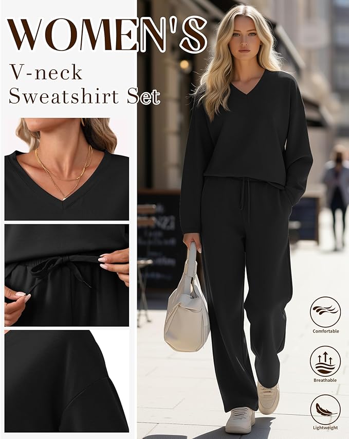 JoyMotion 2 Piece Women's Sweatsuit, V Neck Oversized Tracksuit Wide Leg Pant Fall Lounge Set Long Sleeve Sweatshirts Outfit