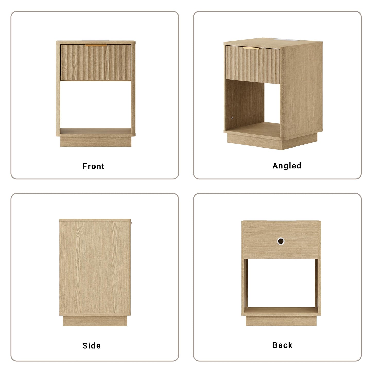 FavourLife Fluted Nightstand Set of 2 with Charging Station, 18" Bedside Table End Table with Drawer & Open Shelf, Mid Century Modern Night Stand for Bedroom Sofa Home Office, Natural Oak