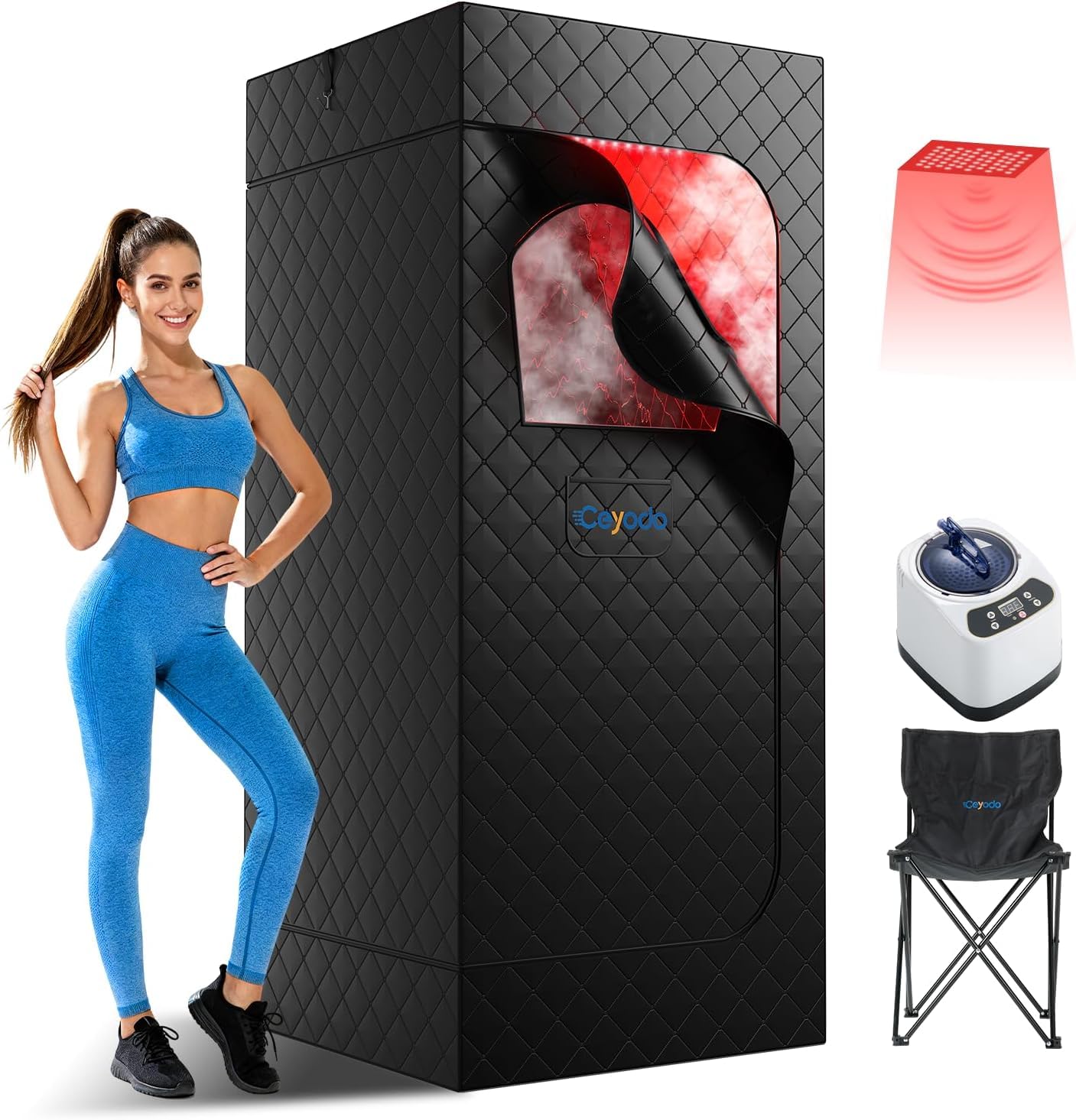 Ceyodo Infrared Sauna Box, Portable Sauna with 660nm Red Light Therapy & 850nm,5-Layer Waterproof, 3L 1300W Steamer,Folding Chair,for Home Sauna Spa Personal Saunas Tent Indoor Outdoor