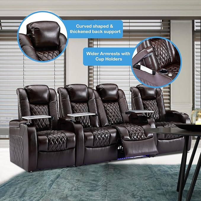 Weilianda Home Theater Seating Top Grain Leather Zero Gravity Recliner Chair Power Headrest Recline Movie Seat Gaming 7 Colors Mood Light Sofa with Tray Table USB Charge Row of 4 Loveseat Middle Brown