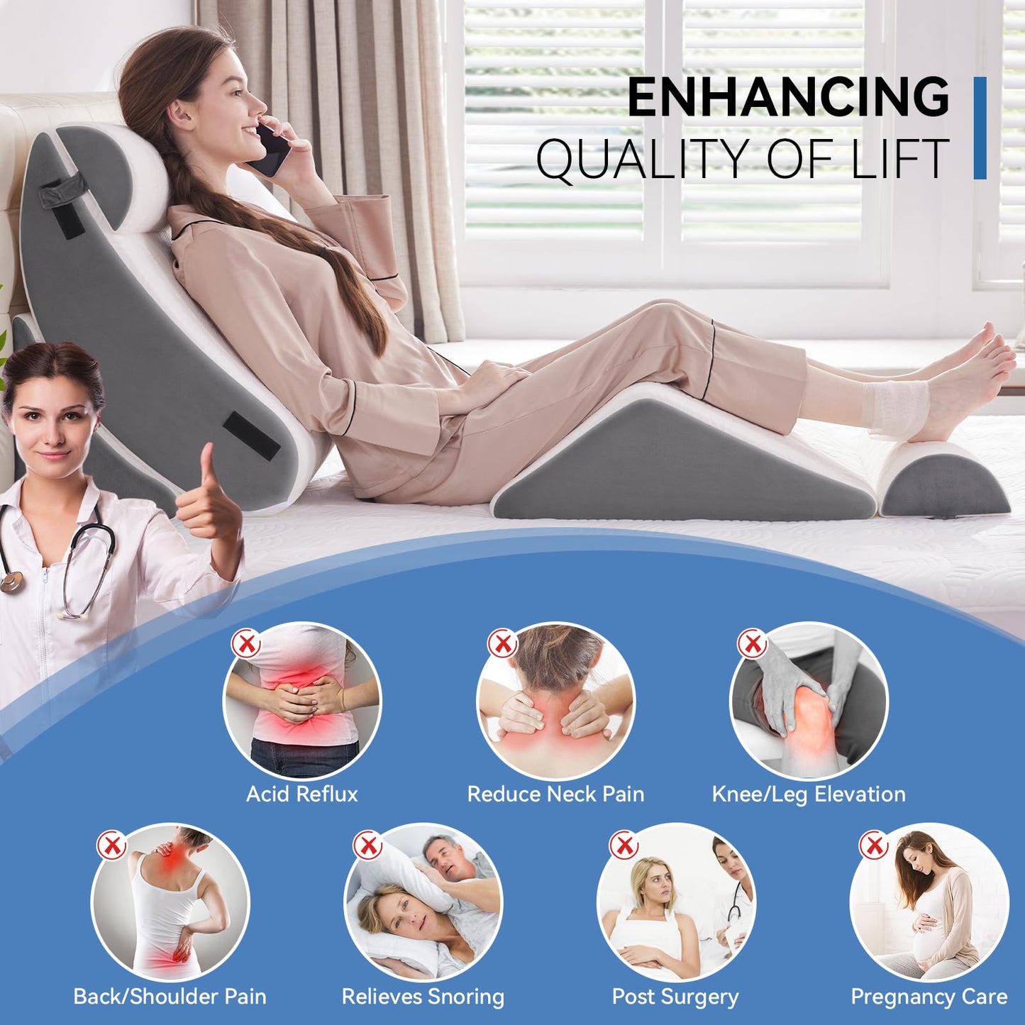 Negwoo Wedge Pillow Set for After Surgery, 5 PCS Bed Wedge Pillow for Sleeping, Memory Foam Orthopedic Back Adjustable Pillow for Pain Relief and Acid Reflux with 2 PCS Axilla Pillow Grey