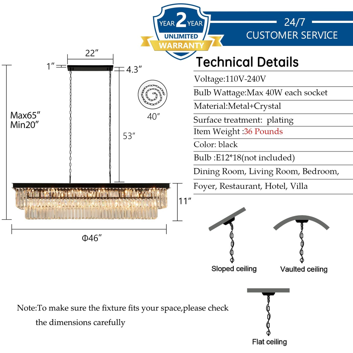 Weesalife Crystal Chandeliers for Dining Room Light Fixtures Over Table，18-Lights Black Modern Rectangle Chandeliers for Kitchen Island Bar L46 Inch
