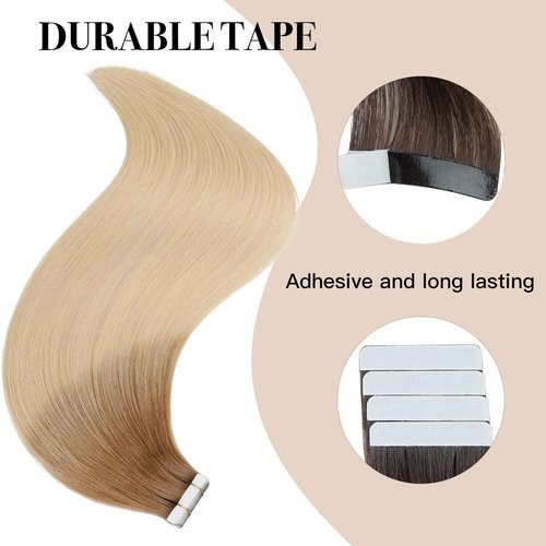 Tape in Hair Extensions ，Real Human Hair Extension,Bleach and Caramel Blonde Human Hair 22 inch 20pcs 50g,Thick Ends Straight Seamless, Invisible Tape in Hair Extensions Human Hair