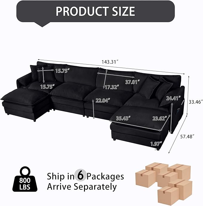 RENDGO 143" Modular Sectional Sofa, Chenille Cloud Couch for Living Rooms & Apartment, Deep Seat Comfort, Flexible U-Shape Combination Sofa for Family Guest Rooms,2 Ottoman,Black