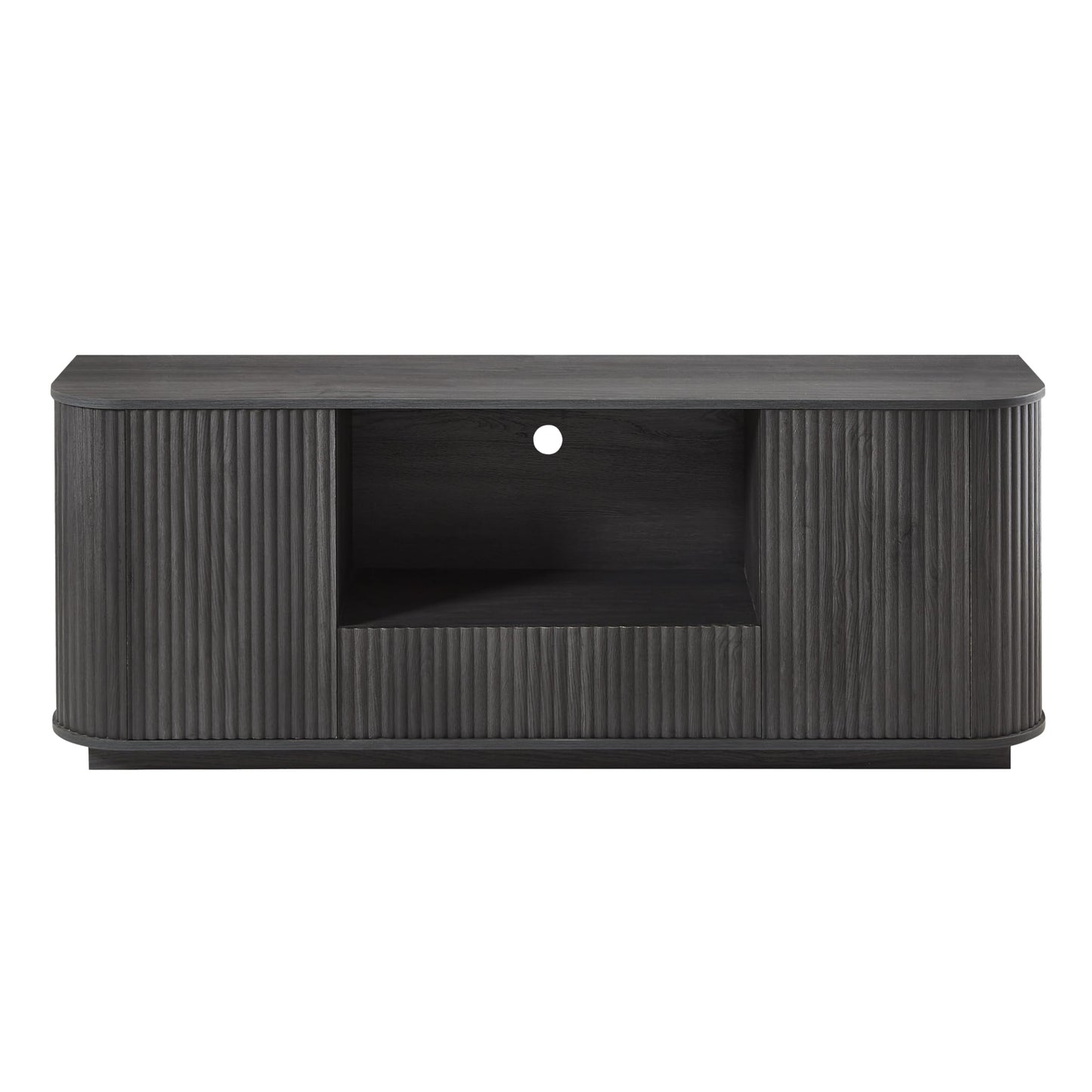 SZTHHDF 64" Fluted TV Stand for TVs Up to 75", Mid Century Modern Entertainment Center with Open Shelf and Drawer, Curved Profile Design, Media Console for Living Room, Bedroom(Black)