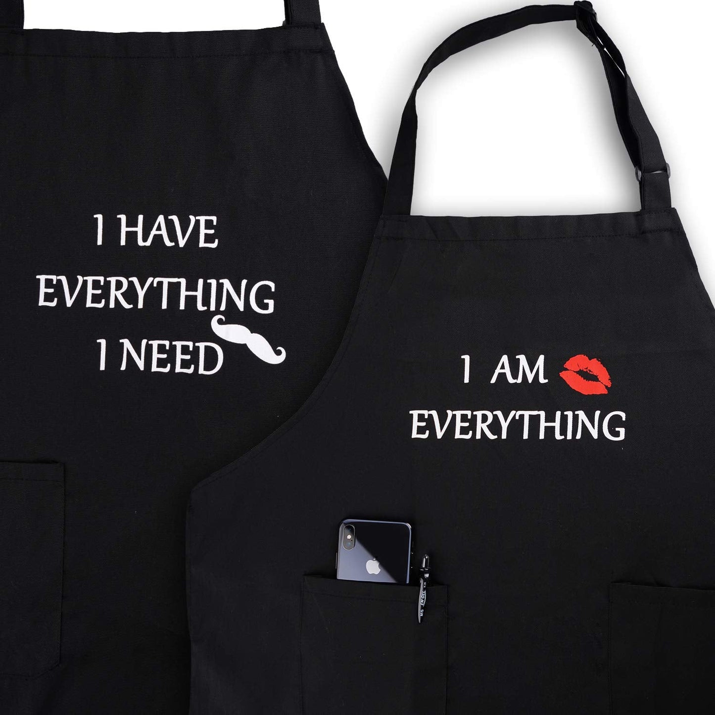 YIKA Apron Couples, Valentines Day Gifts for Couples: Waterproof Aprons for Women Men, with Adjustable Neck Strap with Extra Long Ties, 2 Pockets (Black)