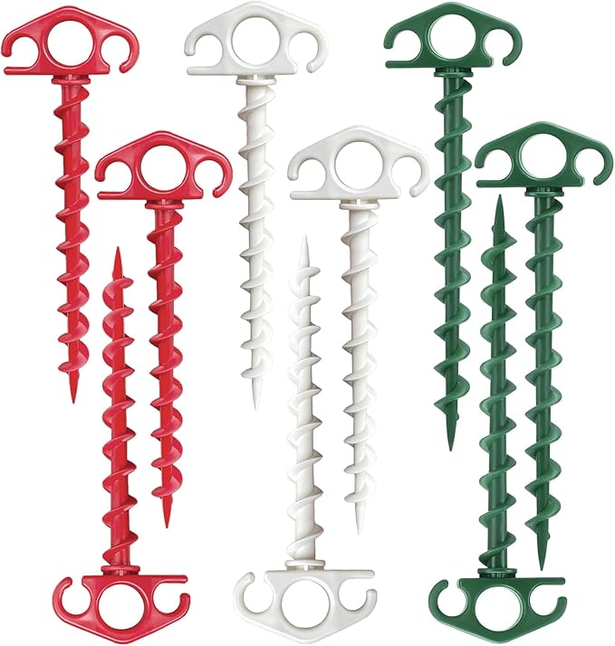 COBARYEN Plastic Inflatable Stakes, Tent Stake 6 Pack Sand Stakes for Beach 9.4 Inch Heavy Duty Spiral Yard Stakes for Camping, Party and Outdoor Halloween Christmas Decorations (9, Red+Green+White)