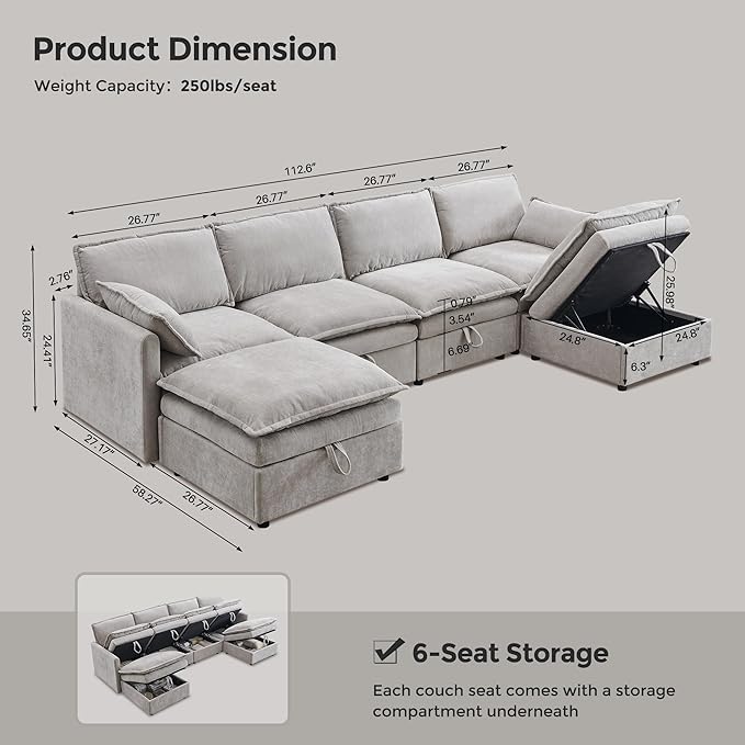 112.6" Sectional Couches for Living Room, Cloud Couch Sectional with Large Storage, U-Shape Modular Sectional Sofa with Ottoman, 6 Seater Chenille Sofa with Pillow for Apartment, Bedroom, Light Gery