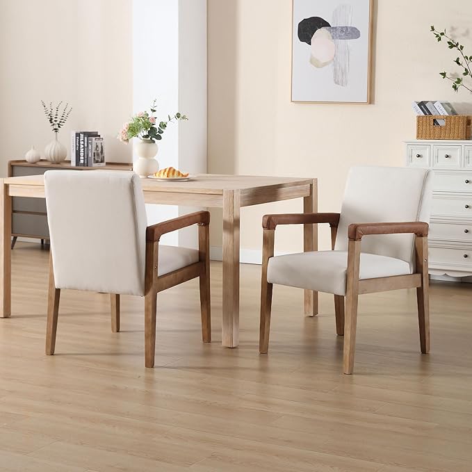 DM Furniture Mid Century Modern Dining Chairs Set of 2 Linen Fabric Upholstered Accent Chairs Comfy Kitchen Chairs with Solid Wood Frame Armchair for Living Room, Ivory