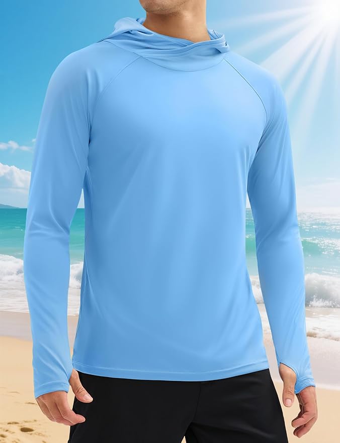 Men’s UPF 50+ Sun Protection Rash Guard Lightweight Quick Dry Long Sleeve Hoodie Shirt Hiking Fishing Swim