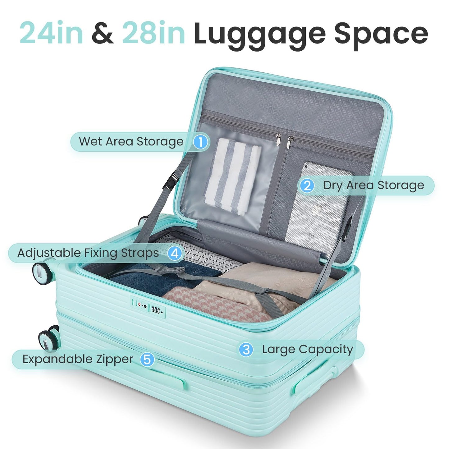 TRAVELEO 3 Piece Luggage Set 100% PC Hardshell, Front Opening Expandable Suitcase (20/24/28) with Laptop Compartment & Free Custom PVC Covers, Trunk Style Lightweight Spinner Wheels TSA Lock