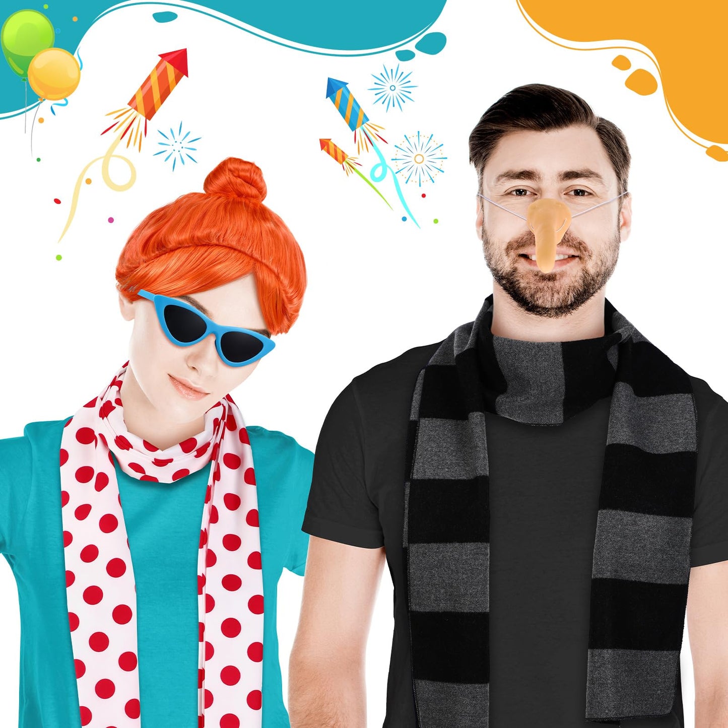 Zoooyawn 5 Pcs Halloween Costume Set Include Black Gray Striped Scarf Red Polka Dot Scarf Wig Blue Frame Sunglasses Fake Nose for Halloween Party Cosplay Costume Accessories
