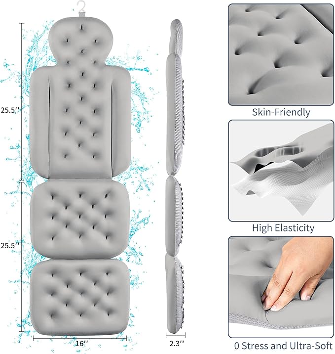 Bath Cushion, Full Body Bathtub Pillow with 160 Suction Cups, Bath Mat for Head and Neck Support, with Laundry Bag (Dark Gray, 51.2" x 16.2")