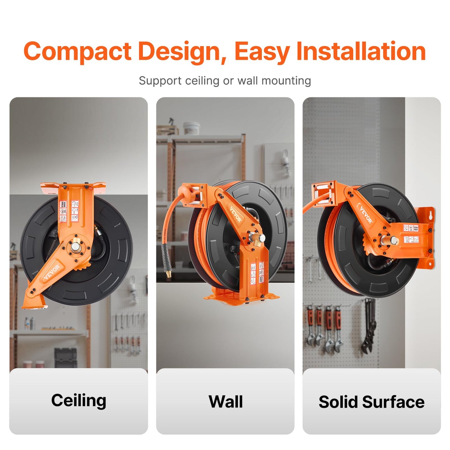 VEVOR Retractable Air Hose Reel with Double Arms, 3/8 IN x 65FT Hybrid Air Hose Max 300PSI, Air Compressor Hose Reel with 5FT Lead in, Ceiling/Wall Mount Heavy Duty Steel Reel for Workshop Garage