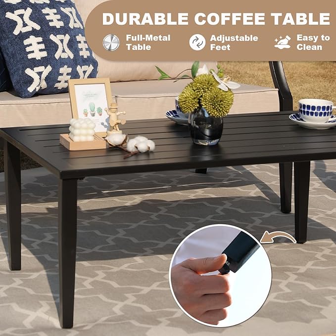 SunloungeCo 4-Piece Patio Furniture Set, Wider Outdoor Metal Seating Sofa with High Back & Loveseat, Coffee Table, All Weather Metal Conversation Set for Backyard, Poolside, Deck-Beige