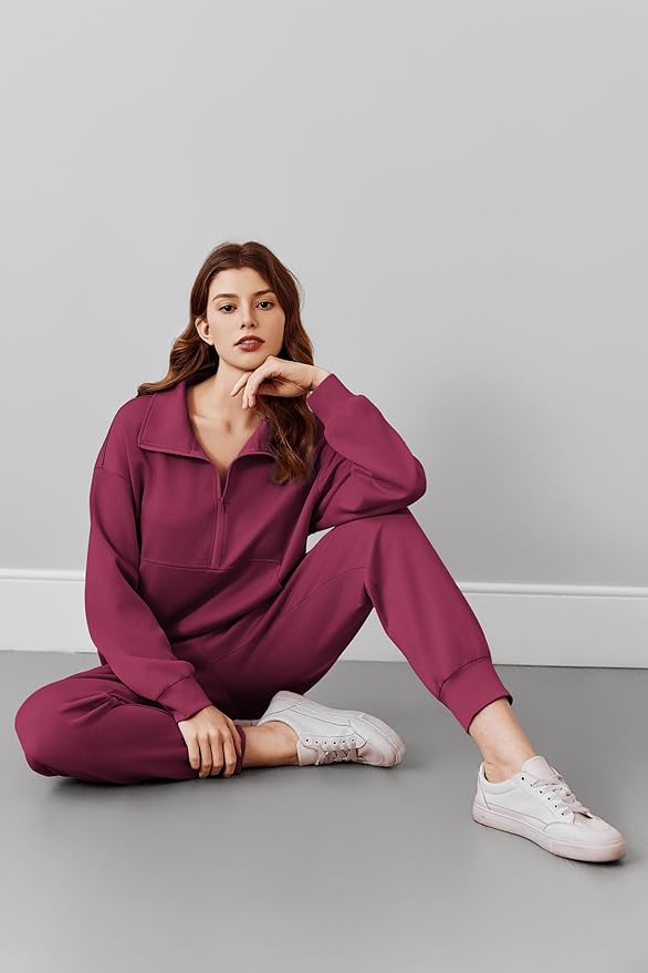 PINSPARK 2 Piece Sets for Women 2025 Fall Travel Outfits Long Sleeve Tracksuit Joggers Sets Half Zip Sweatsuit Matching Set