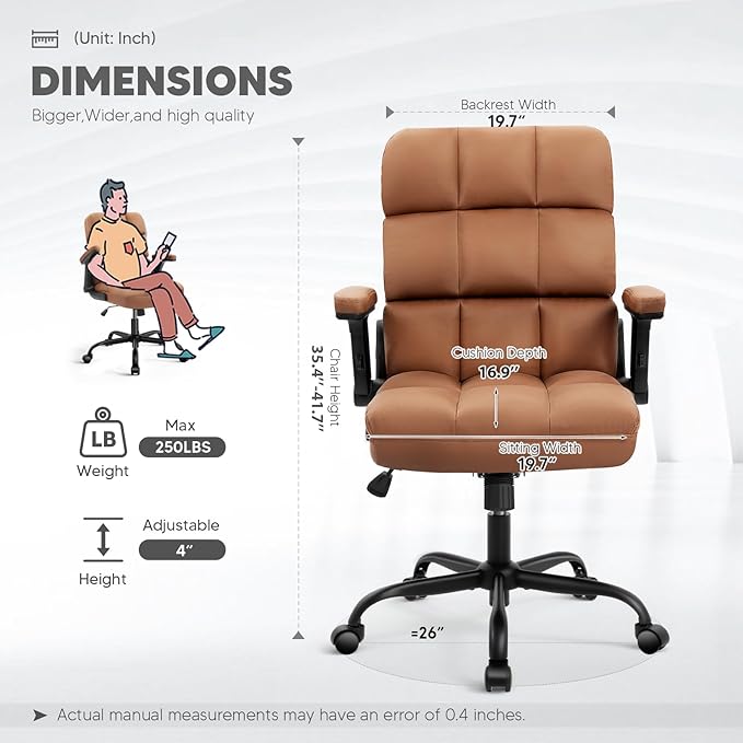 SEATZONE Executive Office Chair Small PU Leather Desk Chair with Wheels,Ergonomic Computer Swivel Rolling Task Chair with Back Support,Brown