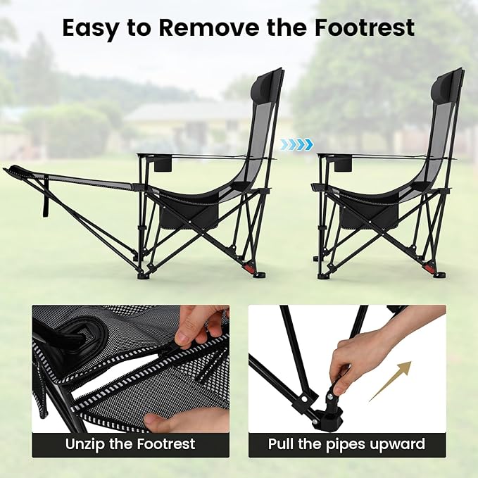 GYMAX Reclining Camping Chairs with Footrest, Lightweight Foldable Camping Chairs with Cup Holders, Adjustable Backrest, Headrest, Heavy Duty Camp Chair for Adult Outdoor Fishing Beach (Grey,1)