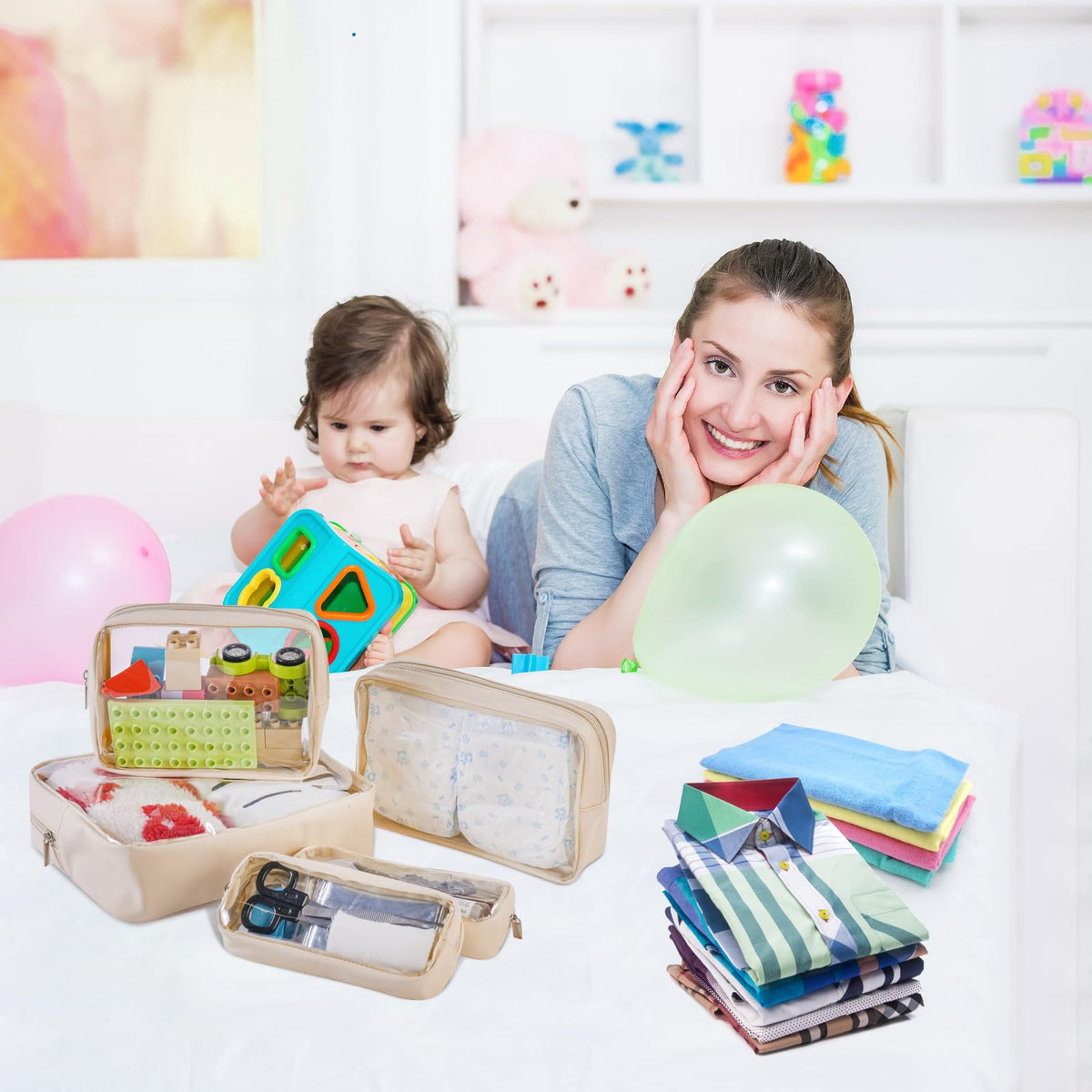 Remobia Hicol TSA Approved 5-Piece Diaper Bag Organizer Pouch Set Clear Waterproof TPU Kids Toiletry Storage Set Travel Packing Clutch Cube Bags for Baby Nursing(Cream leather)