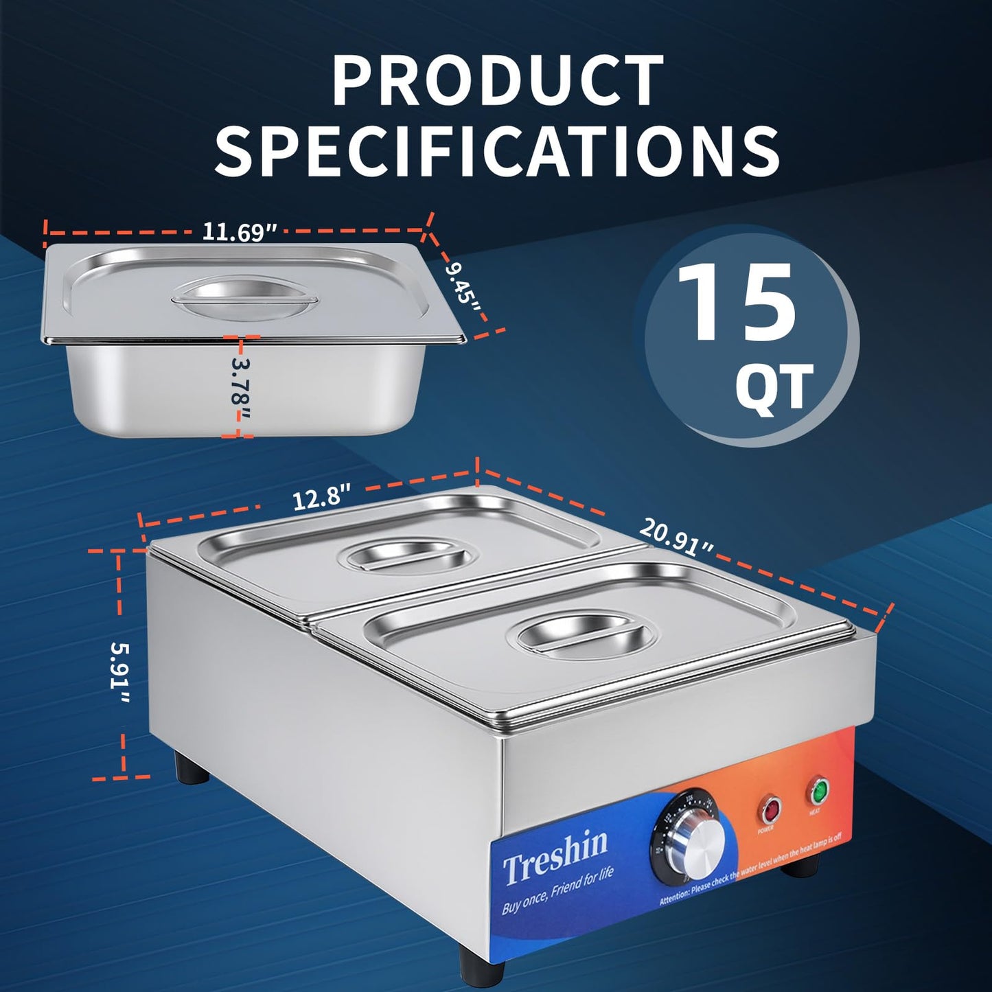 Treshin 2 Pan Commercial Food Warmer, Stainless Steel Bain Marie Food Warmers Steam Table 15 Qt 1200W with Temperature Control & Lid for Home, Catering, Restaurants